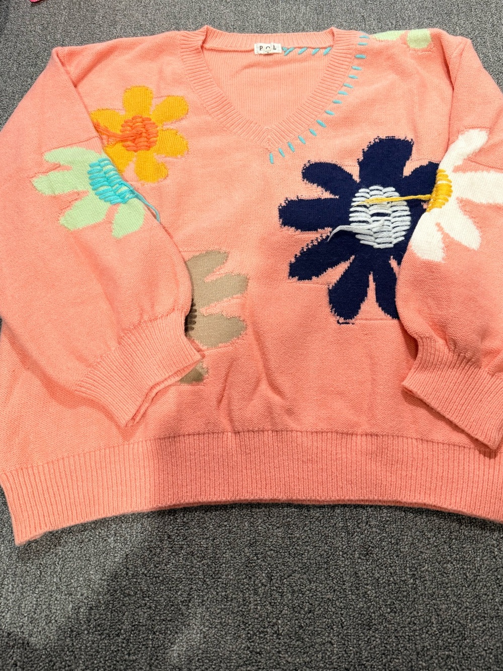 POL Coral Pink V-Neck Sweater with Multicolor Floral Appliqués
